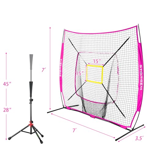 Storgem Baseball and Softball Practice Net 7×7ft Portable Hitting Pitching Batting Training Net Baseball Backstop Net with Batting Tee and Strike Zone and Bow Frame - color: Purple