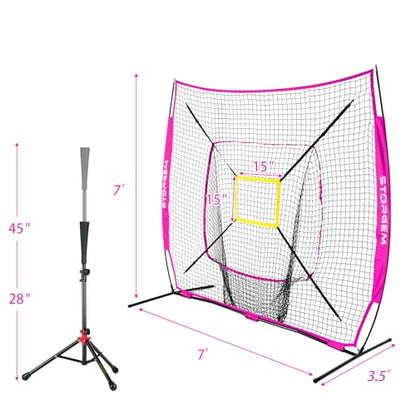 Storgem Baseball and Softball Practice Net 7×7ft Portable Hitting Pitching Batting Training Net Baseball Backstop Net with Batting Tee and Strike Zone and Bow Frame - color: Purple