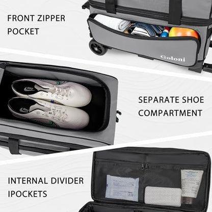 Goloni Double Roller 2 Ball Bowling Bag with Separate Shoe Compartment,2 Ball Bowling Bag with Wheels,Retractable Handle Extends to 40" - color: Grey
