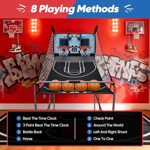 Foldable Indoor Basketball Arcade Game with Electronic Scoreboard 4 Balls and Pump, Double Shot Electronic Sport Game for Two Players