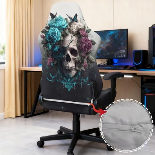 4 Pieces Gaming Chair Slip Cover Set Skull Rose Butterfly Print Game Chair Cover with Armrest Covers, Universal Fit, Machine Washable - color: Black - Skull Rose Butterfly
