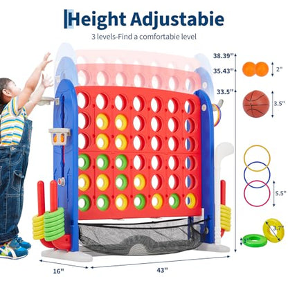 Giant 4 in a Row Game,Adjustable Height Board Jumbo 4-in-a-Row Game with Quick-Release Slider,Mini Basketball,Golf & Ring Toss Set for Family Party, Outdoor & Indoor