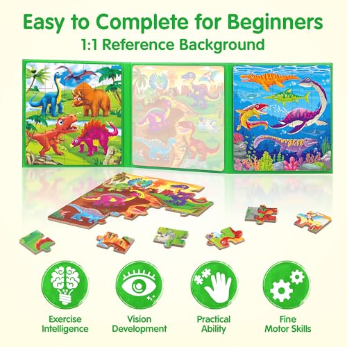 SYNARRY Dinosaur Magnetic Puzzles for Toddlers 3-5, 20 Pieces Travel Puzzles for Kids Ages 4-6, Easter Basket Stuffers Gifts for Kids, Car Airplane Road Trip Activities Magnet Games Toy - style: Dinosaur