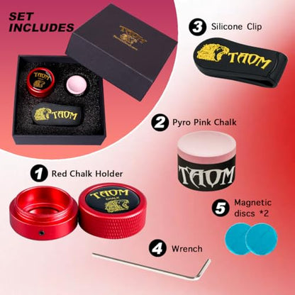 TAOM Upgrade Pool Chalk Holder Round Shaped Practical Tool Billiards Accessories Magnetic Mini Chalk Tip Case Container Round Box Billiards,Cue Tip Tool Scuffer Shaper - color: 1-Gift Set-Red with Pyro Pink