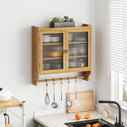 Retro Style Haze Double Glass Door Wood Wall Cabinet with Detachable Shelves for Office, Dining Room,Living Room, Kitchen and Bathroom Natural - color: Natural