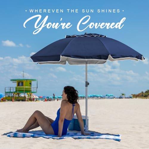AMMSUN 7ft Beach Umbrella with Sand Anchor Sand Screw, Tilt, Windproof, Sun Protection,UPF 50+ Silver Coating Inside and Telescoping Pole for Outdoor Patio (Solid Navy) - color: Solid Navy