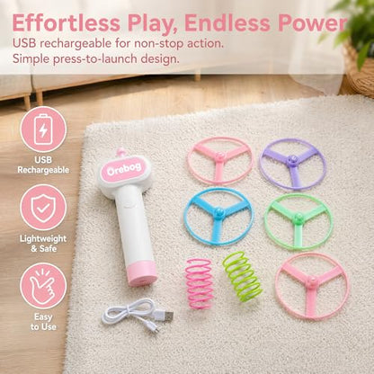 Cat Fetch Toy Launcher,Flying Disc Launcher Toy Rechargeable with 6 Flying Discs and 8 Coil Spring Toys,Flying Cat Toy Disc Launcher for Kitten Dog Playing Interactive Hunting Tracking Toys,Pink - color: Pink