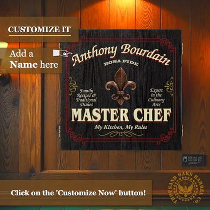 Personalized Dart Board Cabinet Set with 6 Steel Tip Darts, Paper Fibre Dartboard, Chalk & Eraser (21.5 x 21.5 x 2.75") - Occupational Man Cave Dart Boards for Adults - Master Chef (425) - style: Master Chef Dartboard & Cabinet Set