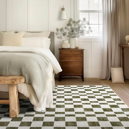 EVERGRACE Checkered Plaid Area Rug 6x9, Soft Fuzzy Faux Wool Rugs Washable Anti Slip Rugs Large Rug Carpet for Entryway Bedroom Living Room Hallway Kitchen Dining Room and Laundry Room, Olive Green - color: Olive Green, size: 6' x 9' (Rectangular)