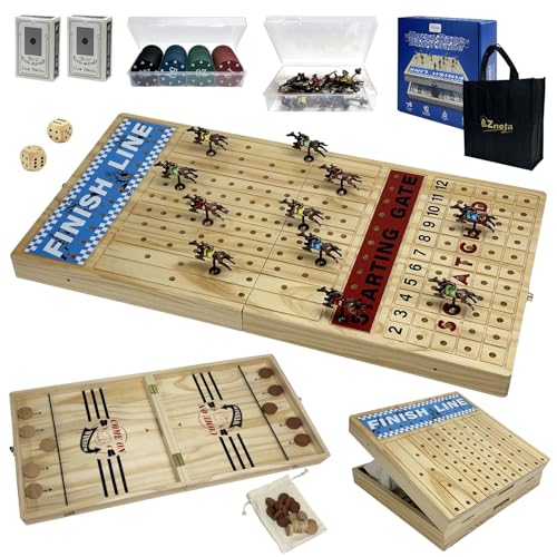 Large 23 inches Horse Racing Board Game with 11 Luxury Metal Numbered Horses, Foldable Wood Horse Race Board Game with 2 Sets of Dice, 2 Boxes of Cards, 80pc Poker Chips for Parties and Gambling - color: Log Color, size: Large