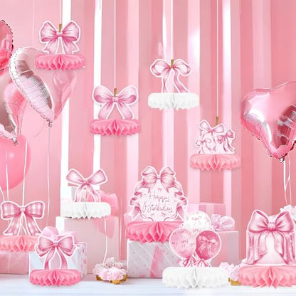 Pink Bow Birthday Decorations Set - Bow Party Decorations with Honeycomb Centerpieces & Table Centerpieces for Splendid Pink Bow Themed Party Supplies - style: pink bow