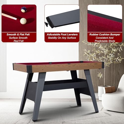 Pool Table Set with 2 Sticks 16 Balls Triangle Chalk Brush, Portable Wooden Billiards Game Table for Kids, Indoor Family Party Game Room and Playroom Fun - color: 54 Inch-red