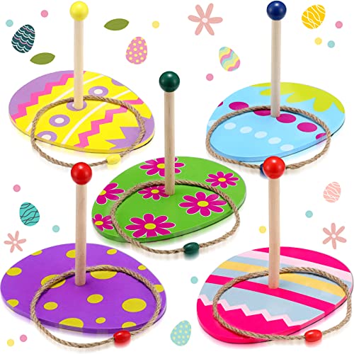 Kathfly 5 Set Easter Egg Ring Toss Game with 5 Targets Stands and 10 Rings Set Easter Egg Activities Toys Party Gifts for Indoor Outdoor Family Backyard Activity