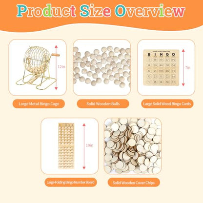 Deluxe Wooden Bingo Game Set with Large Metal Bingo Cage, 25 Reusable Bingo Cards, 75 Wooden Bingo Balls & Number Board, 700 Chips – Bingo Game for Adults, Family Game Night & Large Groups