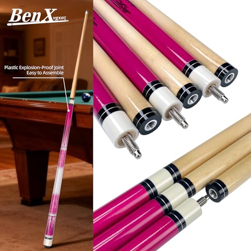 57 Inch Pool Cue Stick - 13mm Fiber Ferrule Tip, Maple Birch Wood Billiard Cue with Chalk & Glove | Explosion-Proof Joint for Home, Bar, Billiard Hall - style: Maple Birch Wood Billiard Cue-Pink