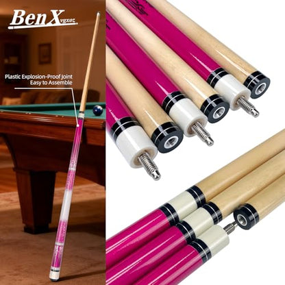 57 Inch Pool Cue Stick - 13mm Fiber Ferrule Tip, Maple Birch Wood Billiard Cue with Chalk & Glove | Explosion-Proof Joint for Home, Bar, Billiard Hall - style: Maple Birch Wood Billiard Cue-Pink