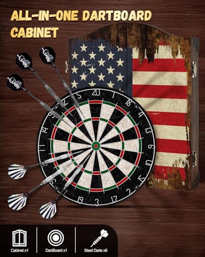 Sisal Dart Board Cabinet Sets, Dartboard with Scoreboard for Adults| Premium Sisal Bristle, Comes with 6 Steel-tip Darts