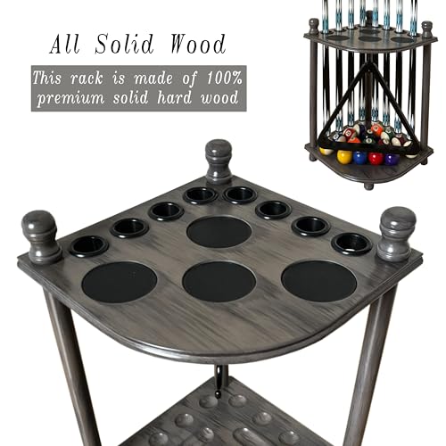 Pool Cue Rack Hold up to 8 Sticks & Billiard Accessories. Floor Stand Pool Cue Stick Holder Made of 100% Solid Hardwood.(GREY) - color: GREY