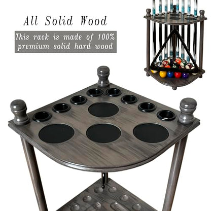 Pool Cue Rack Hold up to 8 Sticks & Billiard Accessories. Floor Stand Pool Cue Stick Holder Made of 100% Solid Hardwood.(GREY) - color: GREY