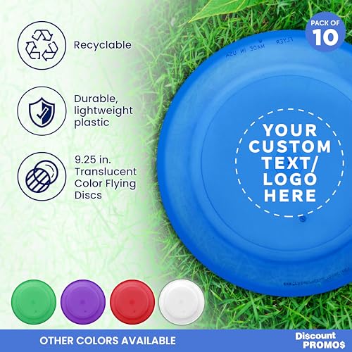 DISCOUNT PROMOS Frisbee Flying Discs in Bulk, 9.25 in. Fun Family Beach Game - color: - Custom -Translucent Blue, size: 10 flying discs