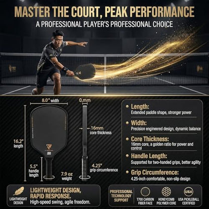 T700 Carbon Fiber Pickleball Paddle, Pickleball Set 16mm Pickle Ball Rackets with CMS Matte Surface Lightweight Honeycomb Core & Durable Edge Frame Larger Sweet Spot - color: MAX -2 Rackets