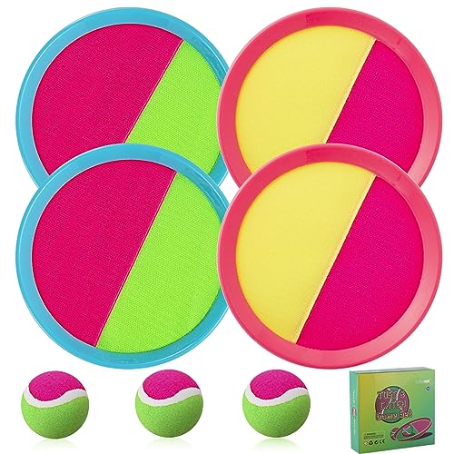 Beach Games, Outdoor Toys for Kids Ages 4-8, Toss and Catch Ball Set, with 4 Paddles 3 Balls, and 1 Storage Bag, Beach Toys Easter Gifts for Kids - color: 2 Blue + 2 Pink