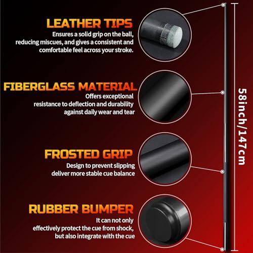KMISE Fiberglass Graphite Composite Pool Cue Sticks 20oz 13MM Cue Tip One-Piece 58inch Professional Pool Cue Low-Deflection Billiard Cue Sticks Set of 1/4 for Home & Bar Play Black Red Color Available