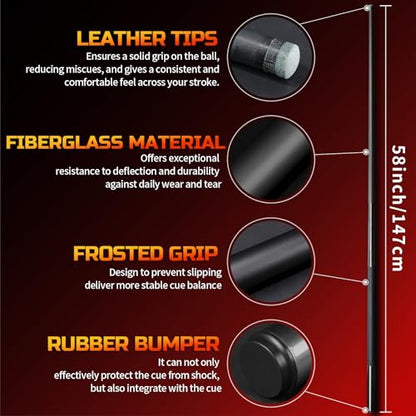 KMISE Fiberglass Graphite Composite Pool Cue Sticks 20oz 13MM Cue Tip One-Piece 58inch Professional Pool Cue Low-Deflection Billiard Cue Sticks Set of 1/4 for Home & Bar Play Black Red Color Available
