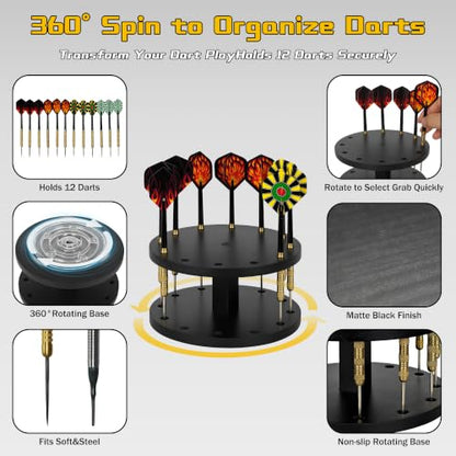 360 Rotating Wooden Dart Holder Stand – Compact Desk Organizer Holds 12 Steel or Soft Tip Darts for Easy Storage and Display