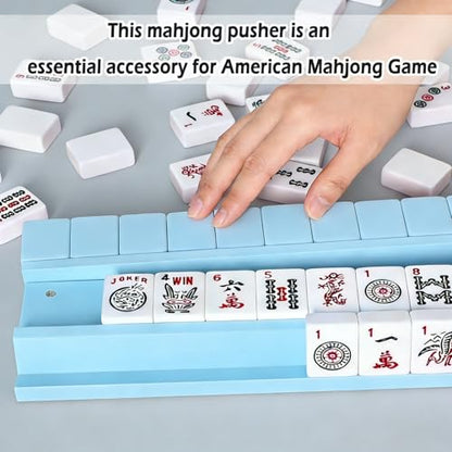 4 PCS Mahjong Racks with Pushers, Blue Wooden Mahjong Racks with Detachable Magnetic Pushers, Mahjong Tile Pushers and Racks, Includes Chips, Dice & Storage Bags, Mahjong Accessories (19.68 Inch) - color: Blue