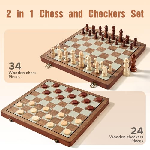 MerryPony 2 in 1 Magnetic Wooden Chess and Checkers Set, 15" Foldable Chess set for Adults & Kids, Chess Board with 2 Extra Queens, Travel Chess Set with Pieces Storage Slots, Ideal Chess for Beginner