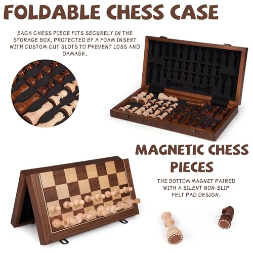 15 Inch Magnetic Wooden Chess Set with Storage, Folding Chess Board Game with Strong Magnets, Tournament Size 3 Inch King, 2 Extra Queens, Portable Travel Chess Set for Adults & Kids