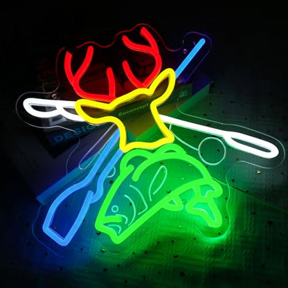 Deer Hunting Neon Sign for Wall Decor, Deer Head Led Signs for Bedroom, USB Dimmable Fish Hook Neon Lights for Man Cave Cabin Wall Accent Bar Home Pub Wildlife Hunting Wall Art - style: Deer Fish