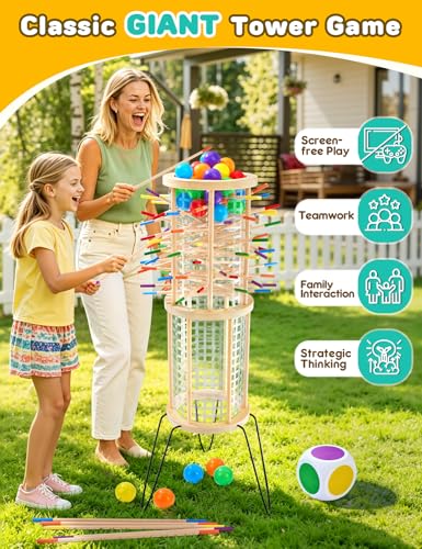 Outdoor Games Wooden Classic Giant Tower, 4FT Yard Game with 36 Balls and 42 Sticks, Dice Game for 2-6 Players, Kids and Adults, Party Game for Outdoor and Indoor, Ideal Gift for Boys and Girls