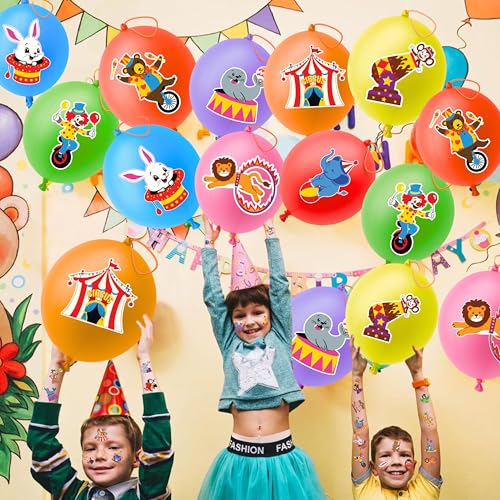 72 PCS Carnival Party Favors for Kids | 48 Pre-Cut Temporary Tattoos, 24 Punch Balloons, Birthday Party Decorations, Goodie Bag Fillers, Classroom Rewards