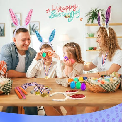 Atonofun 29 Pack Easter Games for Kids Outdoor, Potato Jumping Bags, Bunny Ears Headbands, Egg Spoon Relay Races, Legged Relay Race Bands for Easter Eggs Hunt Party Supplies