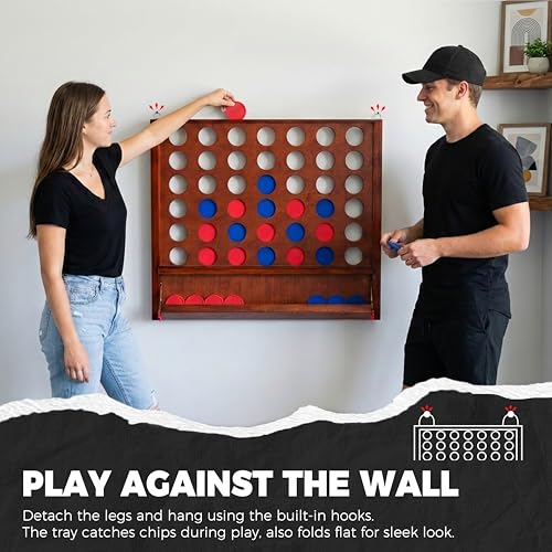 Height Adjustable (2.75-3.75 FT) Giant Wooden 4 in A Row Game | Foldable Tray, 2 Styles of Play: Wall Mounted or Set-up on Ground, Carrying Case, Detachable Legs - style: Premium (Adjustable 33"-45")