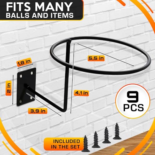 9 Pcs Basketball Holder Wall Mount - Black Metal Sports Ball Storage Rack and Ball Display for Basketball, Football, Soccer, Volleyball, Helmet and Hat - Space-Saving Wall Organizer for Home and Gym