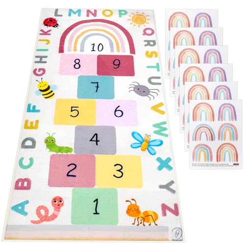 Hopscotch Rug for Kids, Hopscotch Play Mat, ABC Classroom Learning Mat, Small Kids Rug for Playroom, Non-Slip Educational Carpet for Kids Room or Classroom (Numbers & Squares)