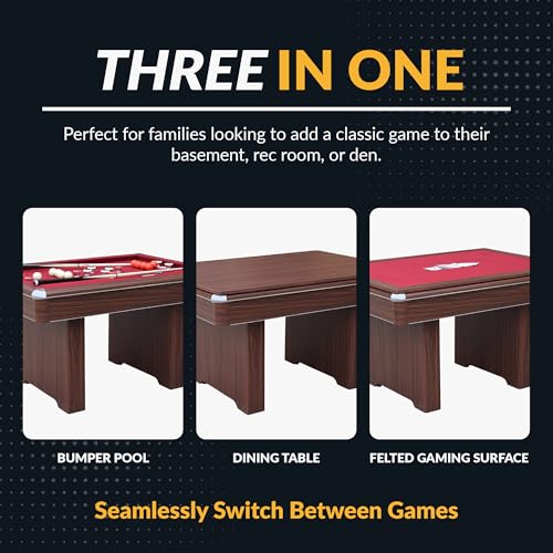 Hathaway Renegade II 54-in Bumper Pool Table for Game Room – 3 in 1 Game Table with Reversible Top & Ball Return System – Includes Cues, Balls, Chalk, Brush & Cards – Red Felt with Walnut Finish