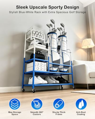 Golf Bag Storage Garage Organizer for 2 Bags, Golf Storage Rack with Wheels | 50% More Space Multi-Zone,All-In-One 5tier Compact,Extra Bottom Storage,4 360° Casters,Movable Basket,Small Garage,Heavy-Duty - size: 2 Golf Bag Rack丨36"(L)x15.8(W)"x44.6"(H)