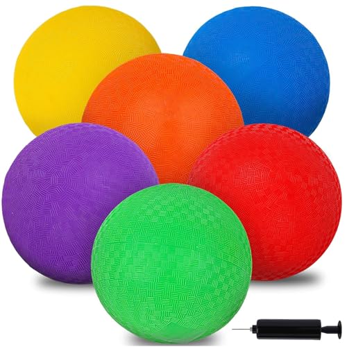 Amor Present 6PCS Playground Ball, 7 Inch Inflatable Kickballs with Pump, Rainbow Rubber Dodgeball for Kids Beach Toy Sports Games Indoor Outdoor Pool Party - size: Medium