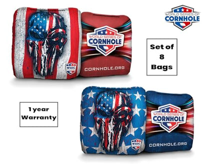 Professional Cornhole Bags Set of 8 Regulation Patriotic Series Resin Filled Pro Bean Bags Dual-Sided Slick and Stick - color: USA Drippy Skull