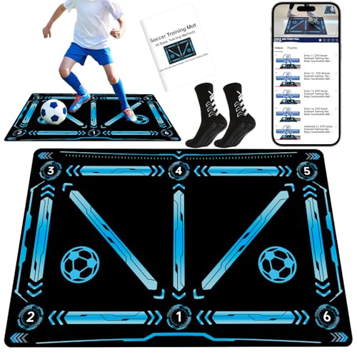 Soccer Training Mat with QR Code Video Tutorials,Non-Slip High-Density Footwork Practice Mat for Athletes & Players,Professional Ball Control & Dribbling Equipment for Home & Gym,Durable Soccer Gift. - color: 47.3*31.5 blue-black
