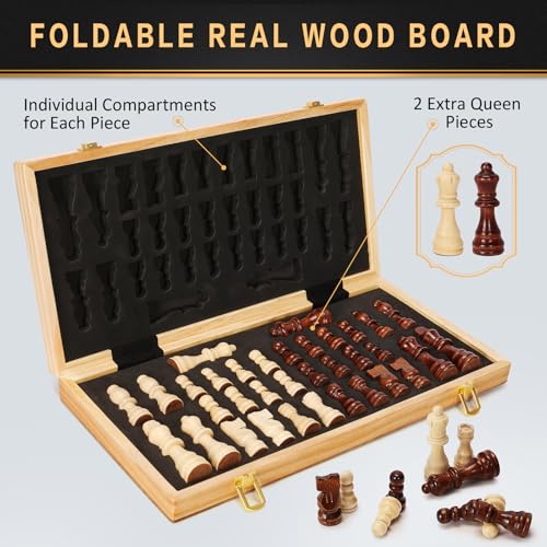 Magnetic Wooden Chess Set for Adults Kids, 15" Folding Chess Boards with 2 Extra Queens, Portable Travel Chess Sets with Pieces Storage Slots, Beginner Chess Game Set for Kids, Adults