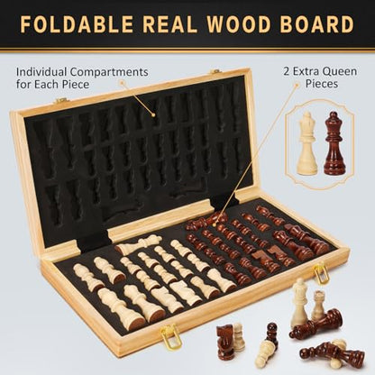 Magnetic Wooden Chess Set for Adults Kids, 15" Folding Chess Boards with 2 Extra Queens, Portable Travel Chess Sets with Pieces Storage Slots, Beginner Chess Game Set for Kids, Adults