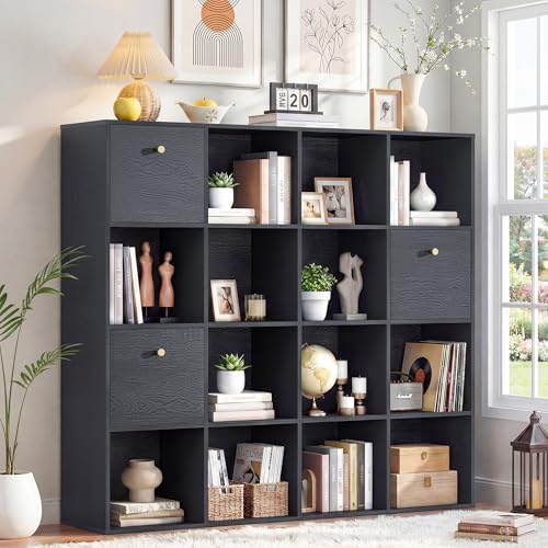 Black Cube Storage Organizer, 16 Open Cubes Bookshelf with 3 Storage Drawers, Freestanding Book Case for Living Room Bedroom, Wooden Cuby Shelves with Wood Grain Finish, 47” Wide Cubicle Shelf - color: Black, size: 16 Cube