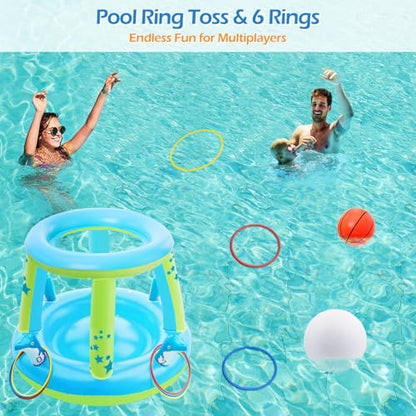 Jasonwell Pool Toys Games Set - 3 in 1 Pool Volleyball Net Basketball Hoop Ring Toss Game Inflatable Floats Water Floating Volleyball Swimming Pools Party Game Gift Kids Teens Adults (Blue&Yellow, L) - color: Blue&yellow, size: Large