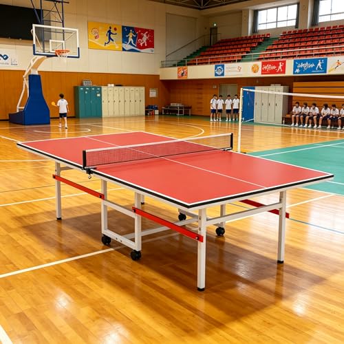 8FT Table Tennis Table with Net, Indoor/Outdoor Professional Ping Pong Table for Kids Adults, Folding Ping Pong Table, Complete Set with Paddles and Balls, School Playground Game Table - color: Red