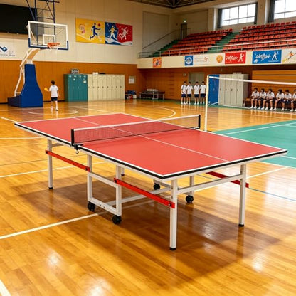 8FT Table Tennis Table with Net, Indoor/Outdoor Professional Ping Pong Table for Kids Adults, Folding Ping Pong Table, Complete Set with Paddles and Balls, School Playground Game Table - color: Red